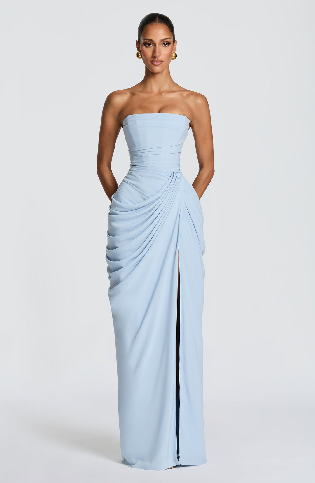 Yvette | Women's Strapless Maxi Dress, Ruched Waist Evening Dress | Animated Apparel | Light Blue