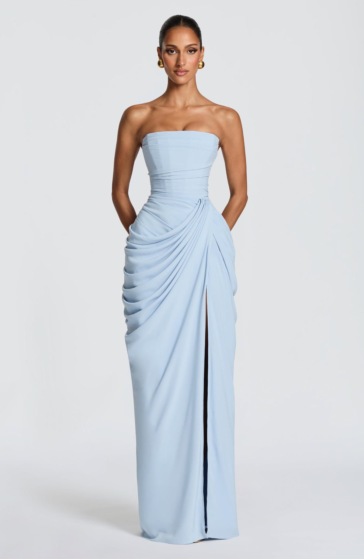 Yvette | Women's Strapless Maxi Dress, Ruched Waist Evening Dress | Animated Apparel | Light Blue
