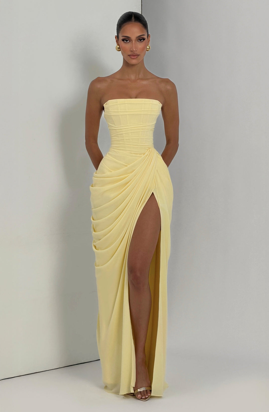 Yvette | Women's Strapless Maxi Dress, Ruched Waist Evening Dress | Animated Apparel