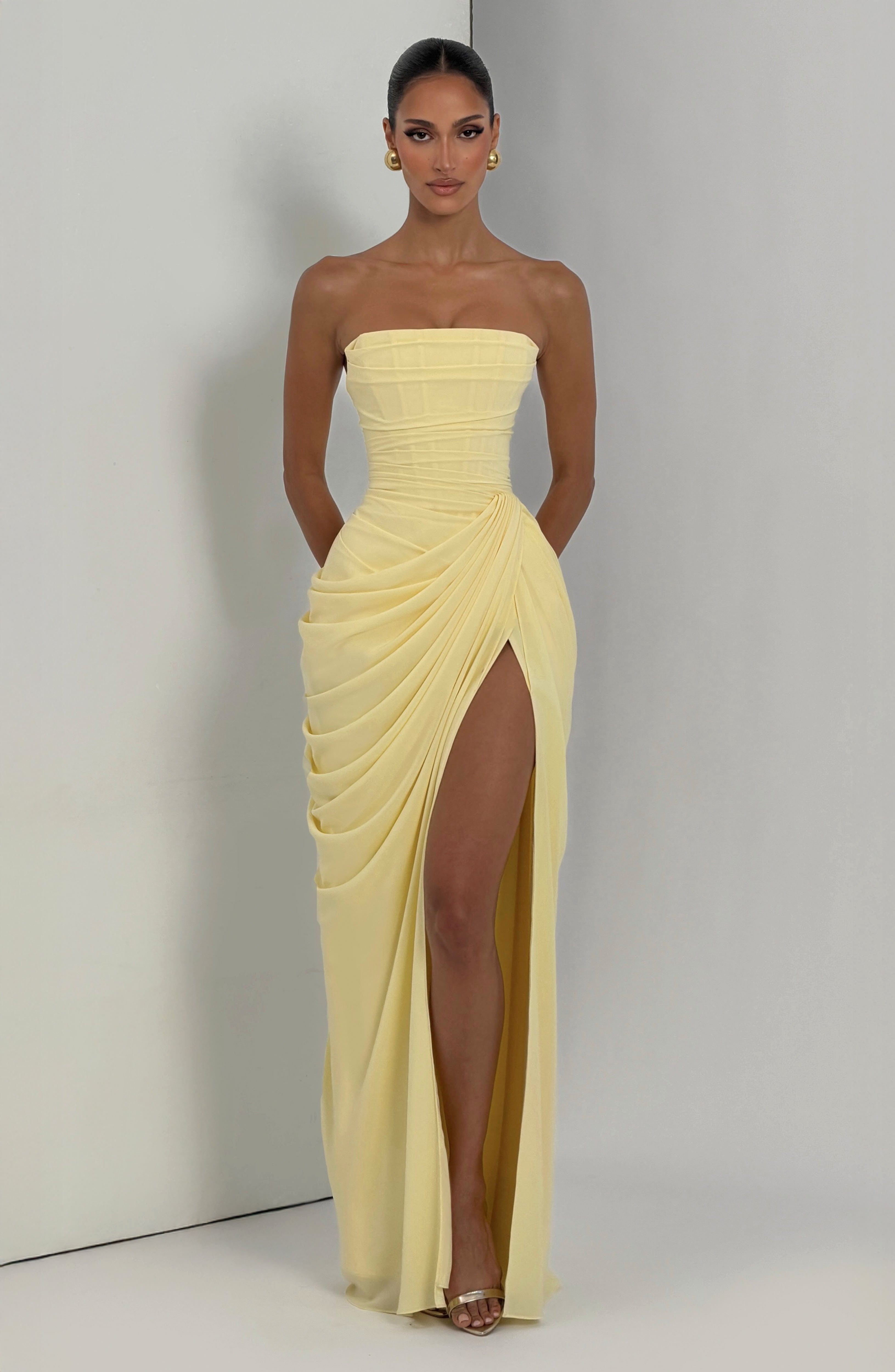 Yvette | Women's Strapless Maxi Dress, Ruched Waist Evening Dress | Animated Apparel