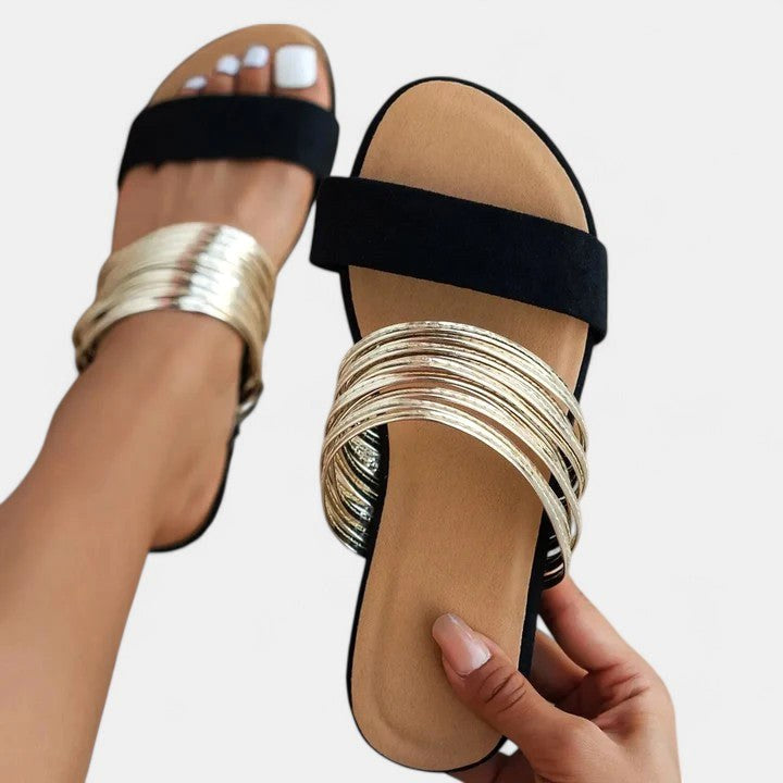 Yvonne | Women's Gold Strap Open Toe Flat Sandals - Cream White