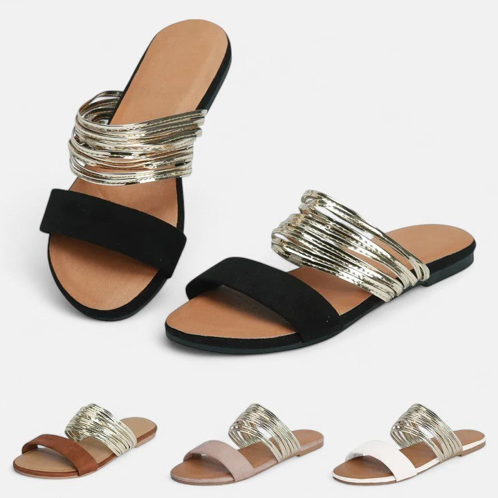 Yvonne | Women's Gold Strap Open Toe Flat Sandals - Onyx Black