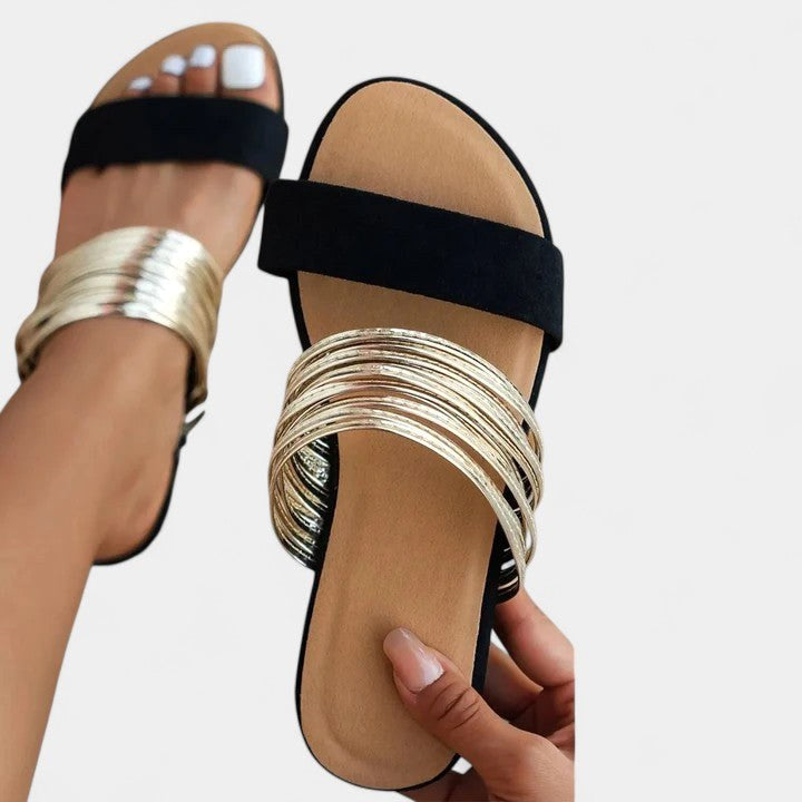 Yvonne | Women's Gold Strap Open Toe Flat Sandals - image 6