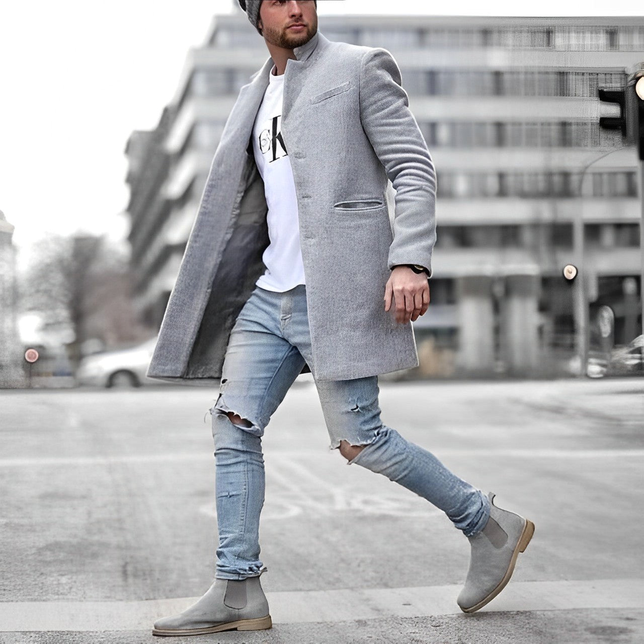 Zachary | Men's Slim-Fit Topcoat, Single-Breasted Tailored Coat | Animated Apparel | Gray