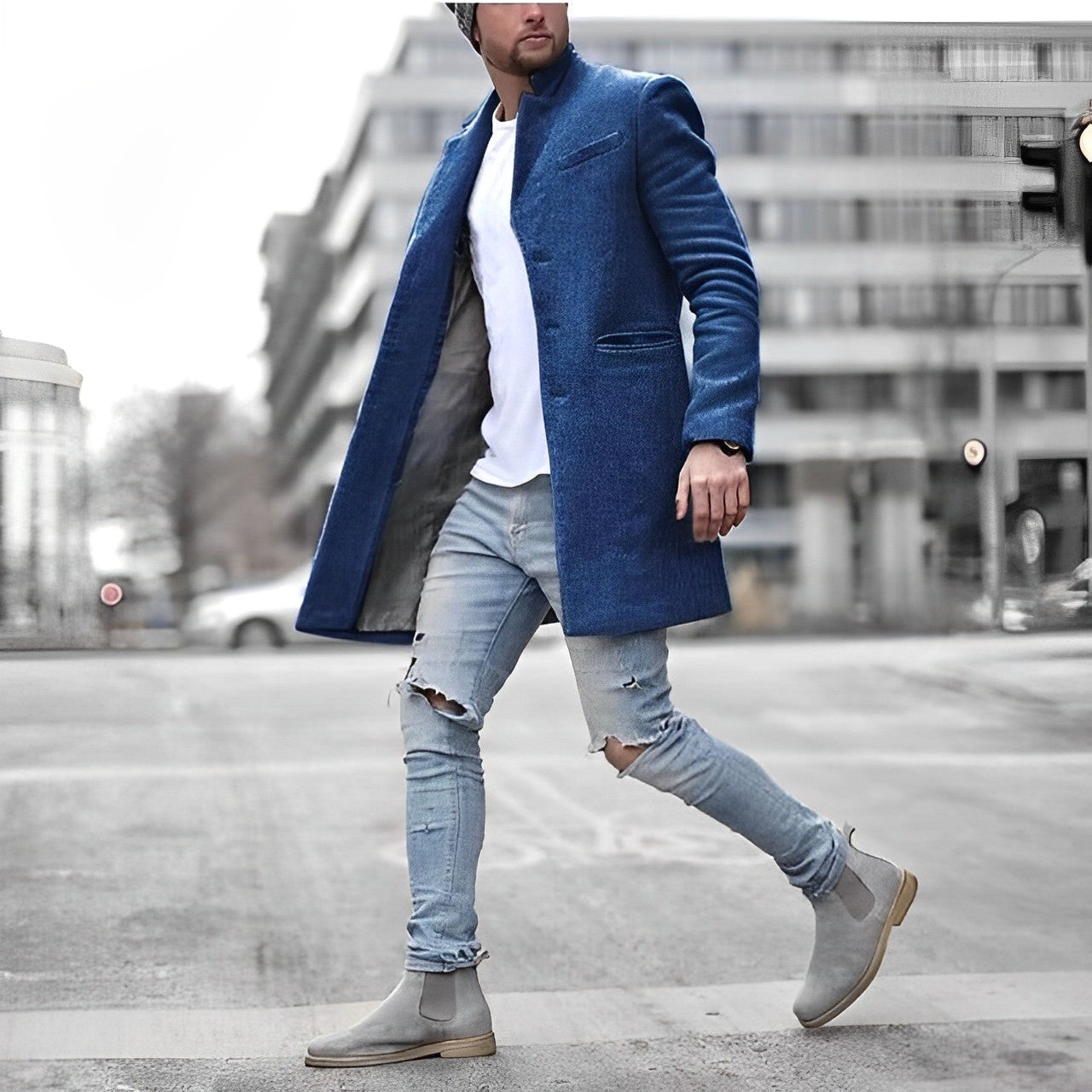 Zachary | Men's Slim-Fit Topcoat, Single-Breasted Tailored Coat | Animated Apparel | Blue