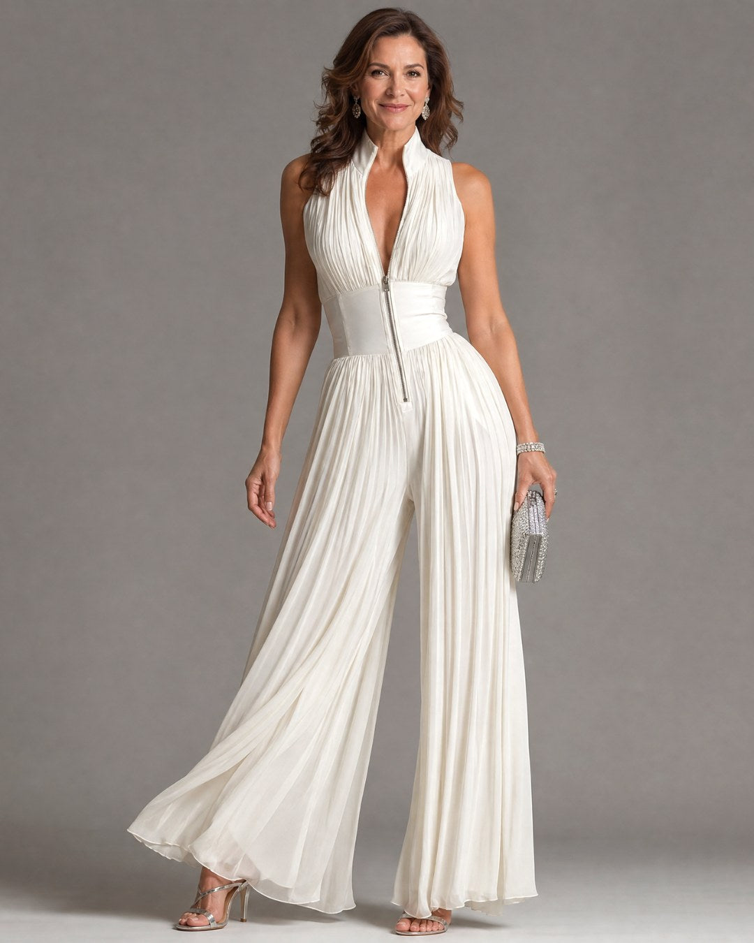 Zakira | Women's Pleated Halter Neck Wide Leg Jumpsuit - White