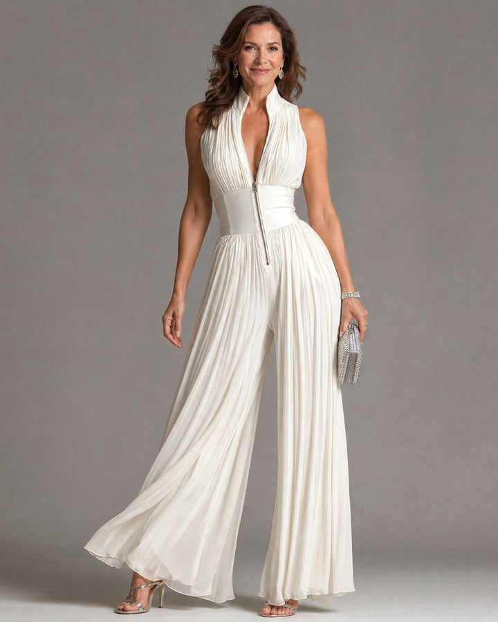Zakira | Women's Pleated Halter Neck Wide Leg Jumpsuit - White