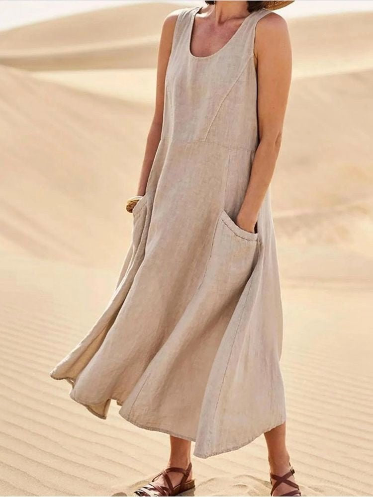 Zoe | Women's Linen Sleeveless Midi Dress - Khaki