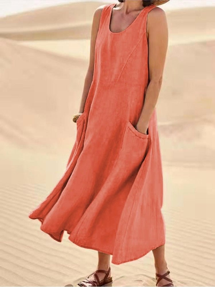 Zoe | Women's Linen Sleeveless Midi Dress - Orange