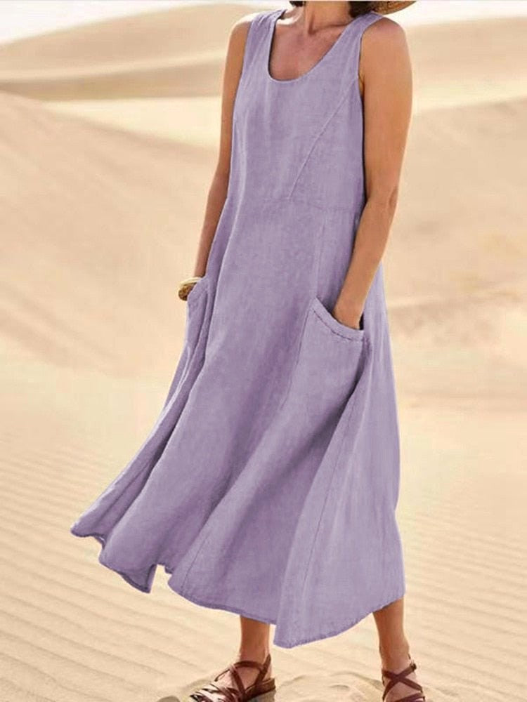 Zoe | Women's Linen Sleeveless Midi Dress - Light Purple