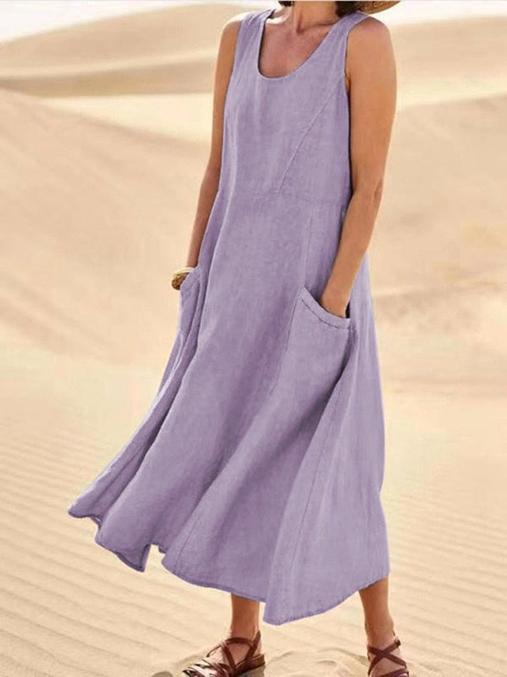 Zoe | Women's Linen Sleeveless Midi Dress - Light Purple