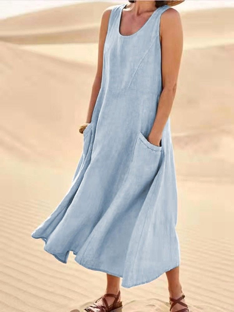 Zoe | Women's Linen Sleeveless Midi Dress - Light Blue