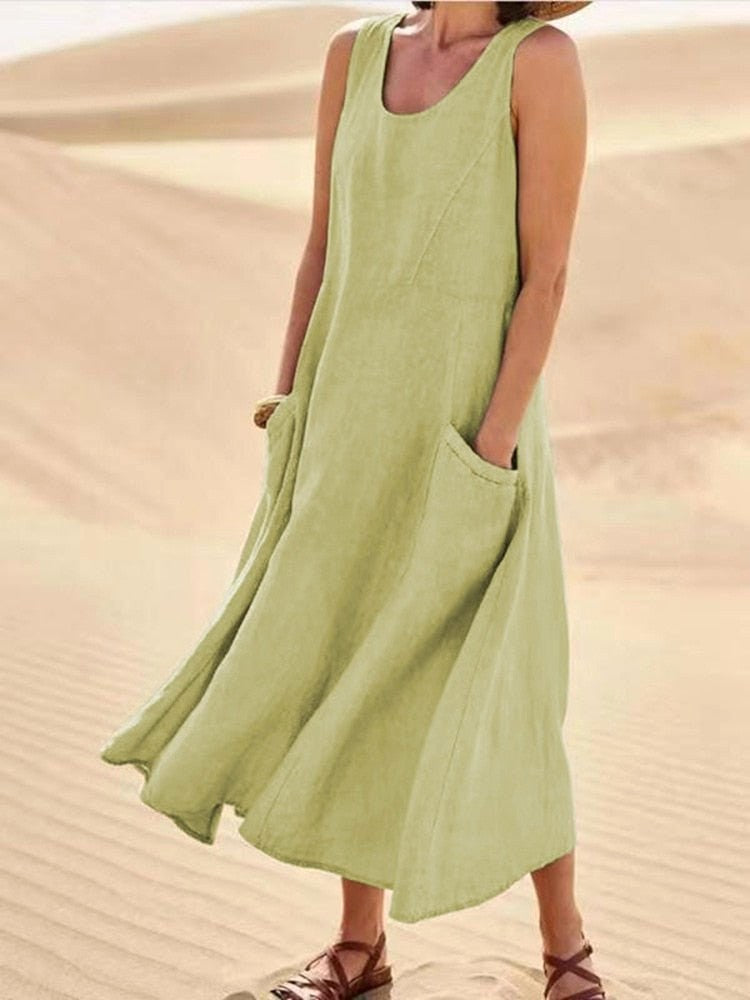 Zoe | Women's Linen Sleeveless Midi Dress - Light Olive Green