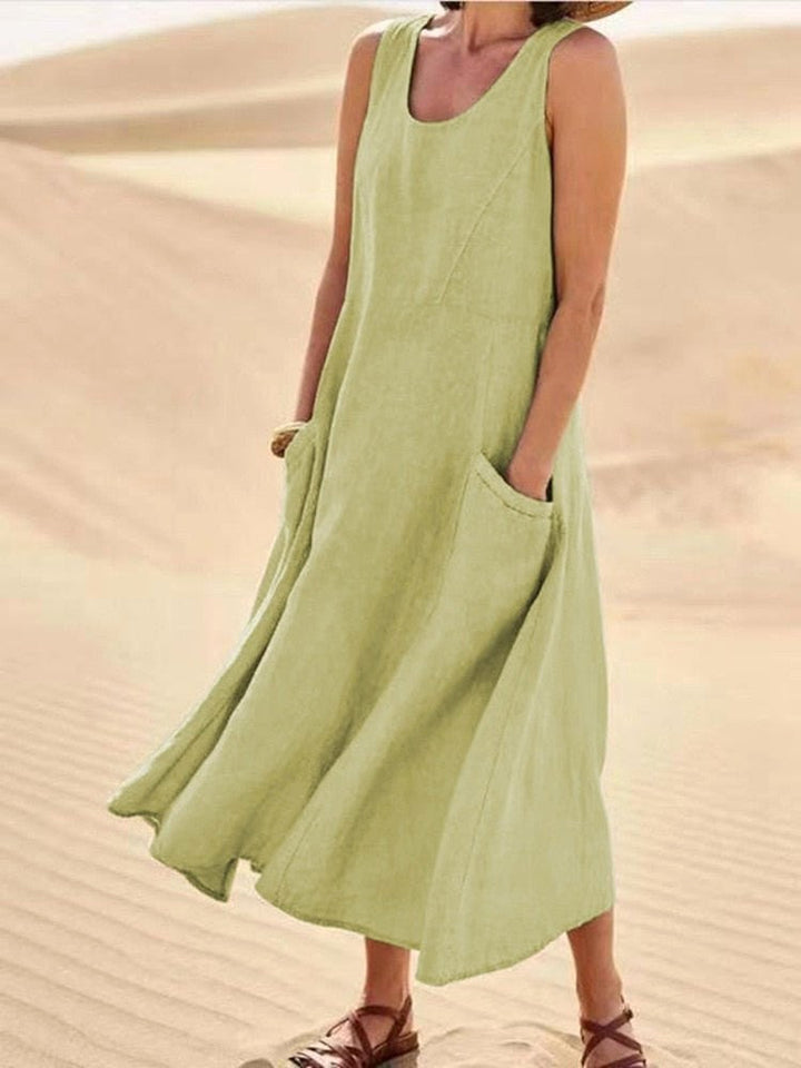 Zoe | Women's Linen Sleeveless Midi Dress - Light Olive Green